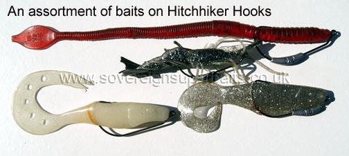 An assortment of baits on hitchhiker hooks - Single fishing hook An assortment of baits on hitchhiker hooks - Single fishing hook