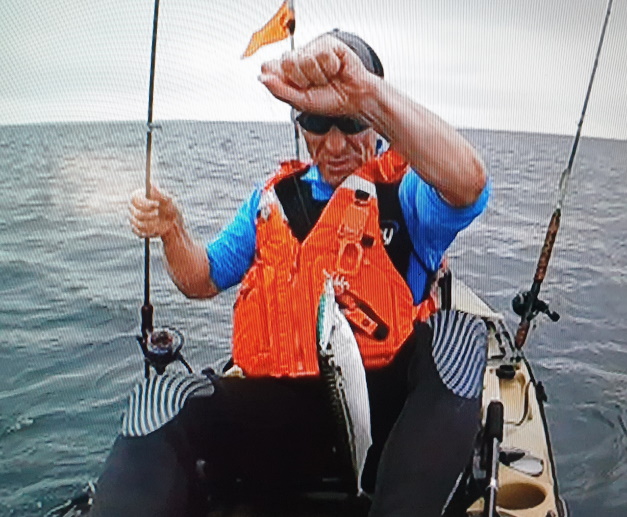 Robson Green with a large mackerel on Kali Kannan X-way slow deep 60 metal jig